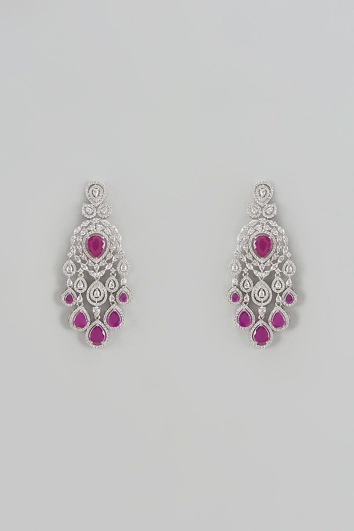 White Finish Zircon & Red Stone Dangler Earrings by Aster at Pernia's Pop Up Shop