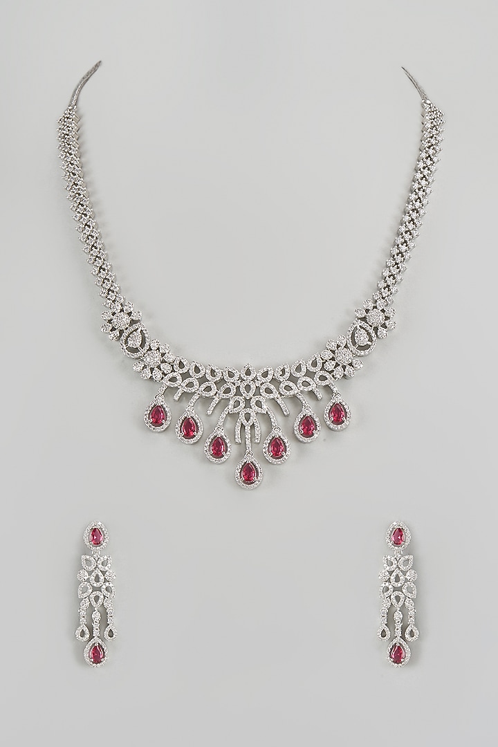 White Finish Zircon & Red Stone Long Necklace Set by Aster at Pernia's Pop Up Shop