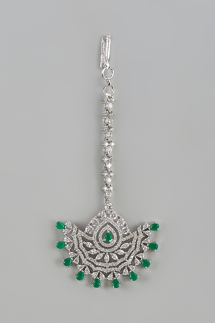 White Finish Zircon & Green Stone Maangtikka by Aster at Pernia's Pop Up Shop