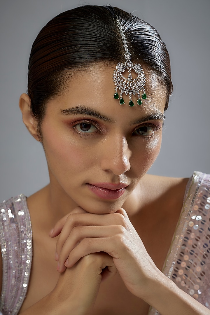 White Finish Zircon & Green Stone Maangtikka by Aster at Pernia's Pop Up Shop