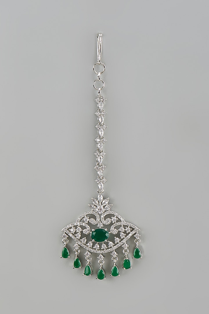 White Finish Zircon & Green Stone Maangtikka by Aster at Pernia's Pop Up Shop