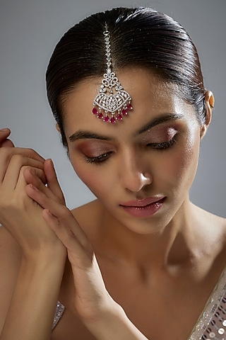 White Finish Zircon & Red Stone Maangtikka by Aster