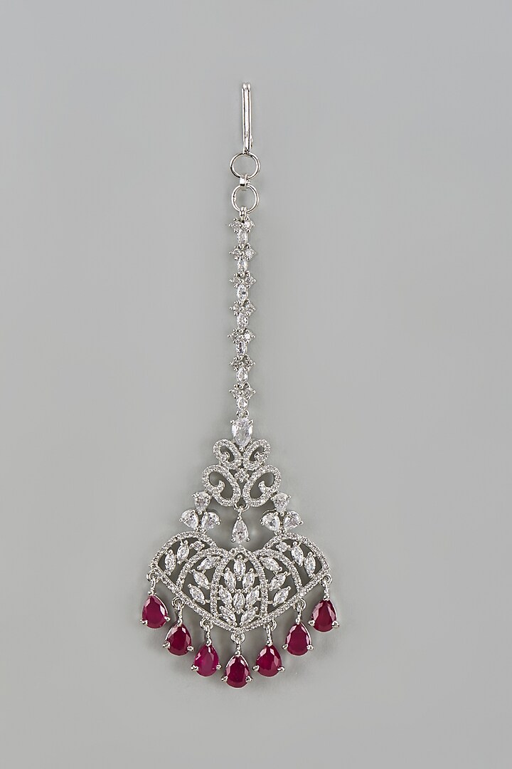White Finish Zircon & Red Stone Maangtikka by Aster at Pernia's Pop Up Shop