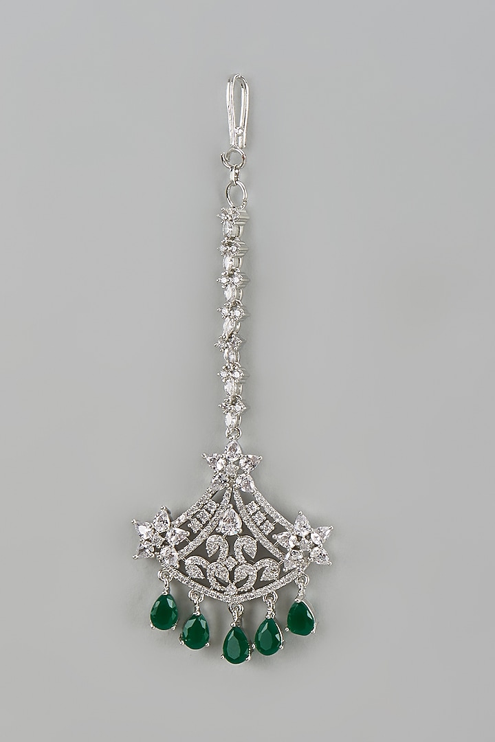 White Finish Zircon & Green Stone Maangtikka by Aster at Pernia's Pop Up Shop