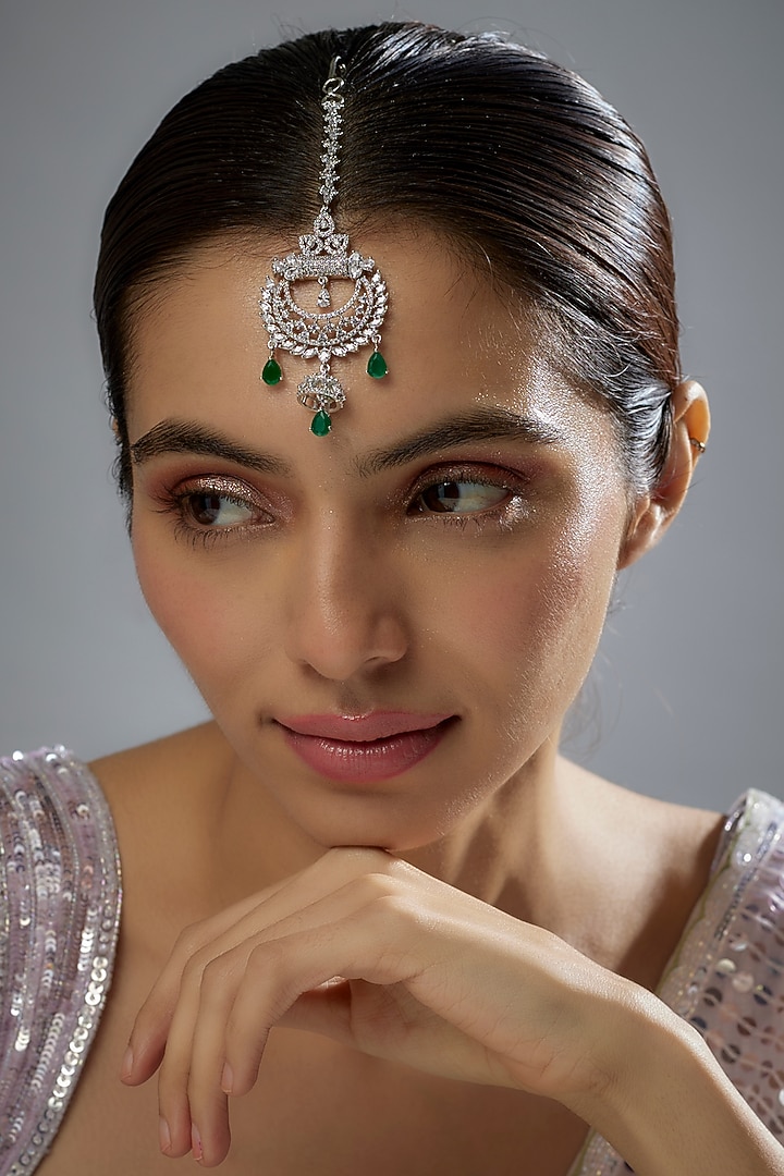 White Finish Zircon & Green Stone Maangtikka by Aster at Pernia's Pop Up Shop