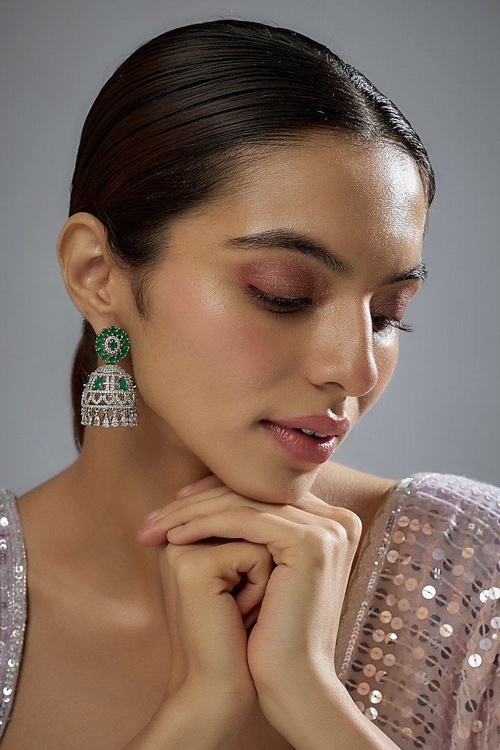 White Finish Zircon & Green Stone Jhumka Earrings by Aster at Pernia's Pop Up Shop