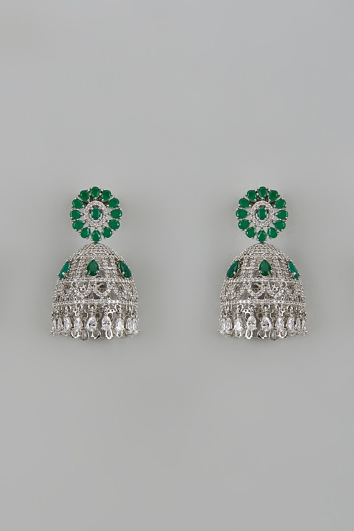 White Finish Zircon & Green Stone Jhumka Earrings by Aster at Pernia's Pop Up Shop