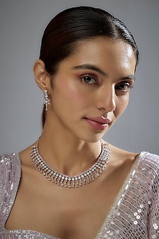 White Finish Zircon & Pink Stone Necklace Set by Aster