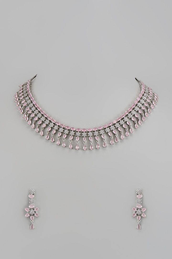 White Finish Zircon & Pink Stone Necklace Set by Aster at Pernia's Pop Up Shop