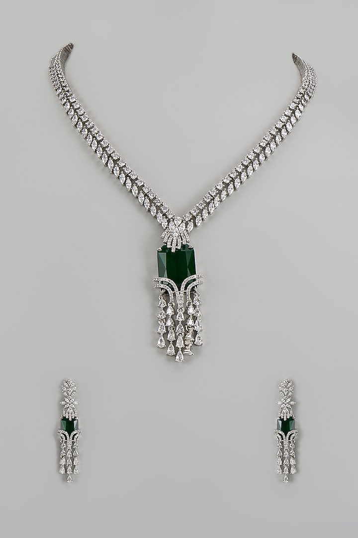 White Finish Zircon & Green Stone Necklace Set by Aster at Pernia's Pop Up Shop