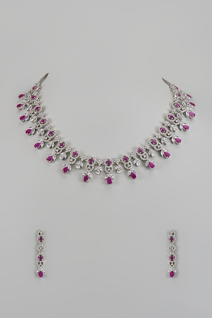 White Finish Zircon & Red Stone Necklace Set by Aster at Pernia's Pop Up Shop
