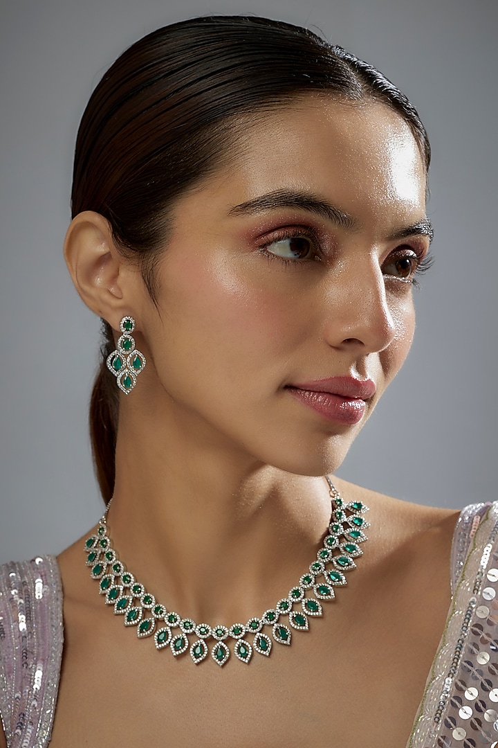 White Finish Zircon & Green Stone Necklace Set by Aster