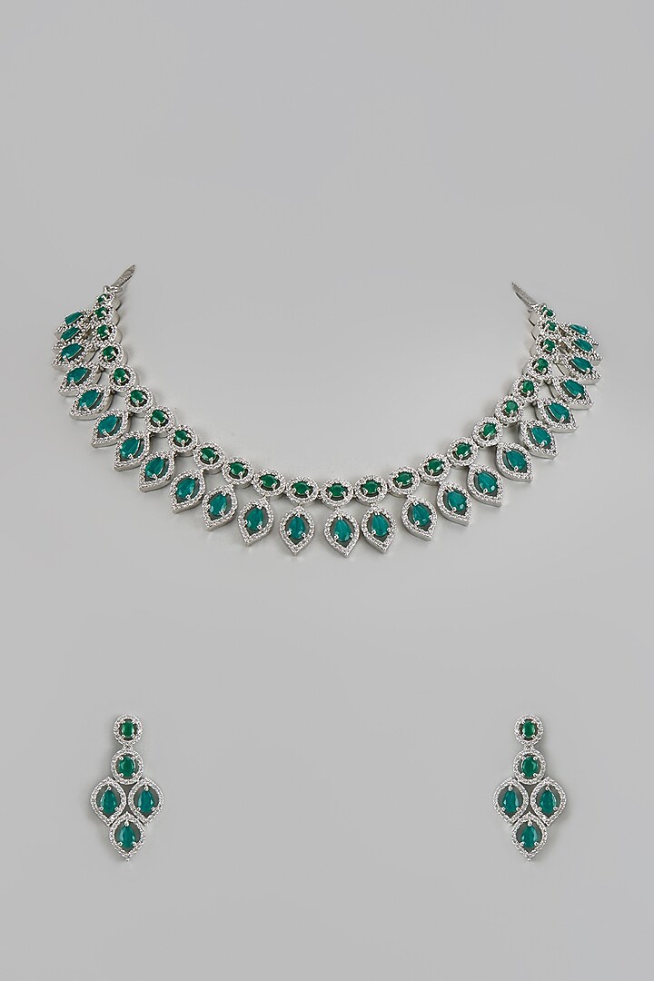White Finish Zircon & Green Stone Necklace Set by Aster at Pernia's Pop Up Shop
