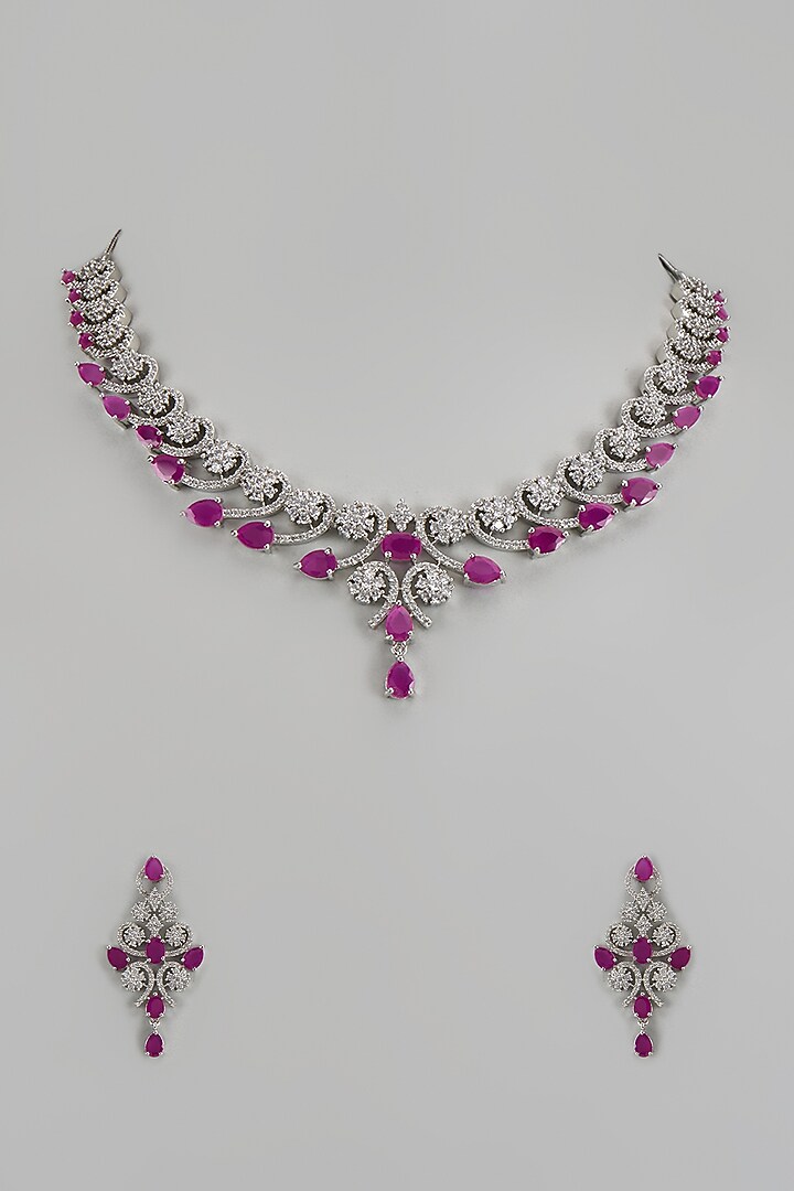 White Finish Zircon & Red Stone Necklace Set by Aster at Pernia's Pop Up Shop