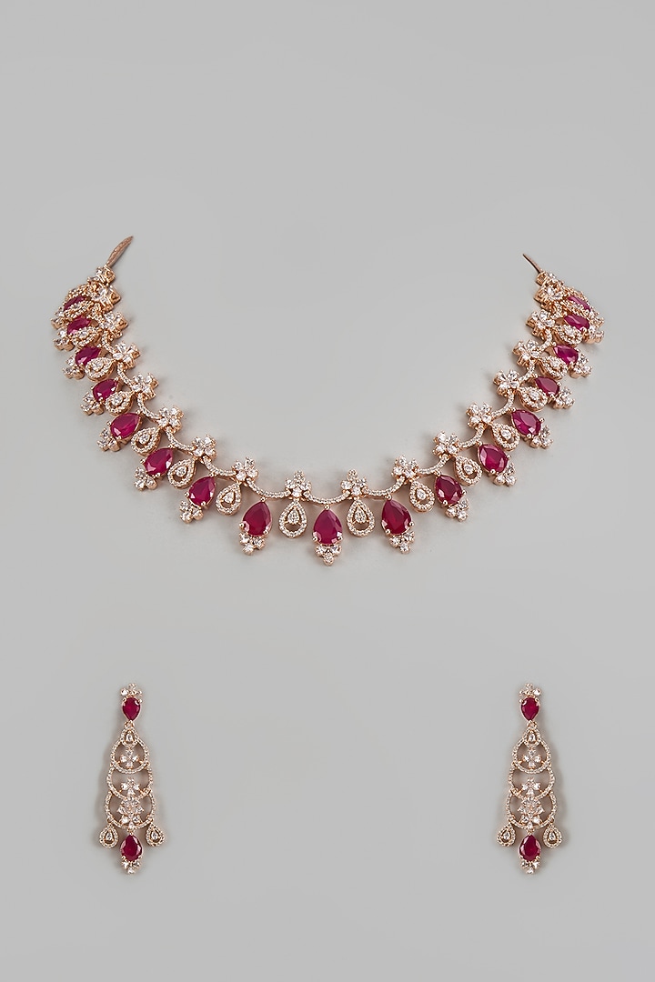 Gold Finish Zircon Red Stone Necklace Set by Aster at Pernia's Pop Up Shop