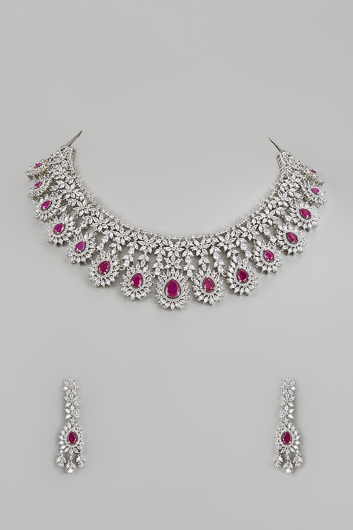 White Finish Zircon & Red Stone Necklace Set by Aster at Pernia's Pop Up Shop
