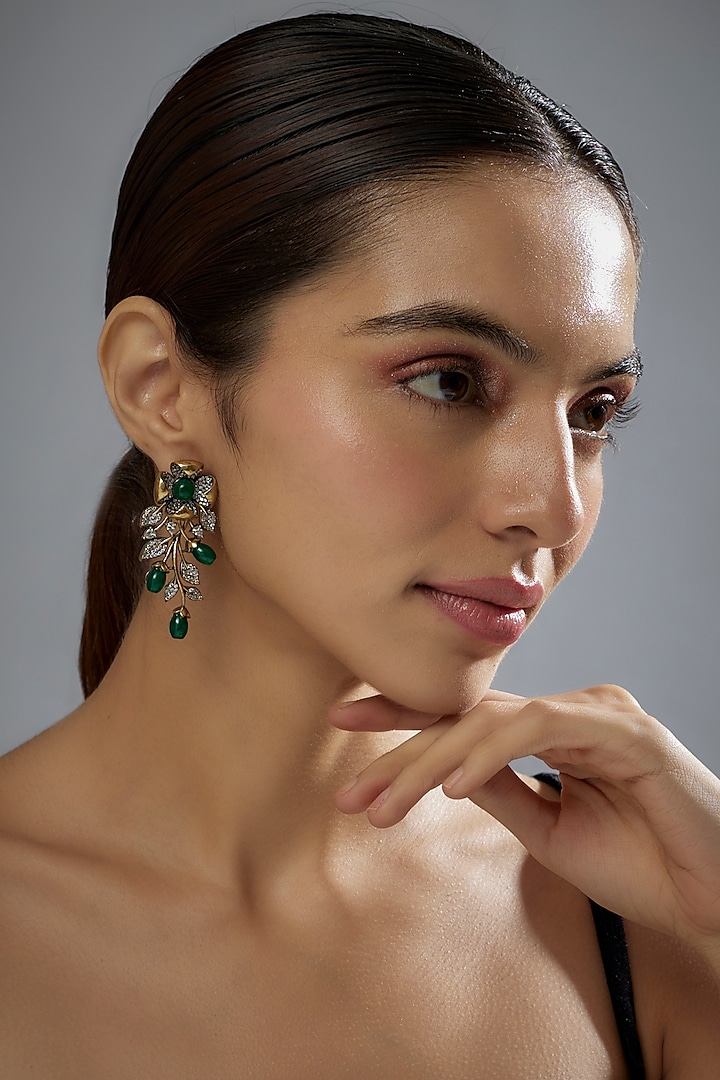 Gold Finish Zircon & Green Stone Dangler Earrings by Aster at Pernia's Pop Up Shop