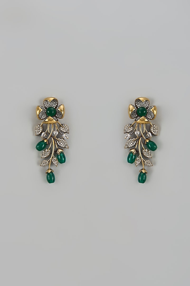 Gold Finish Zircon & Green Stone Dangler Earrings by Aster at Pernia's Pop Up Shop