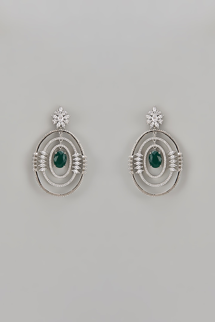 White Finish Zircon & Green Stone Dangler Earrings by Aster