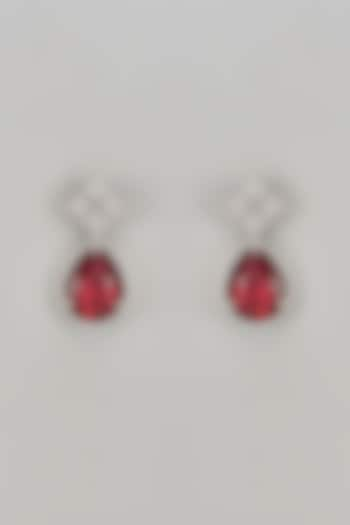 White Finish Zircon & Red Stone Dangler Earrings by Aster