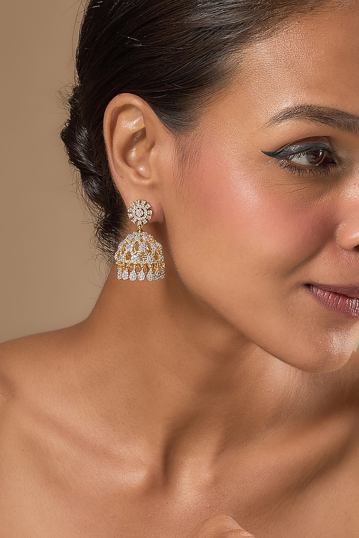 Gold Finish Zircon Jhumka Earrings by Aster at Pernia's Pop Up Shop