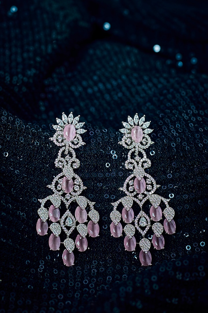 White Finish Zircon & Pink Stone Dangler Earrings by Aster at Pernia's Pop Up Shop