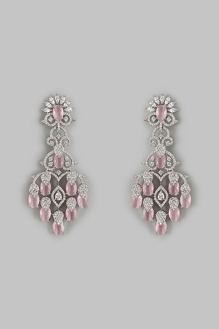 White Finish Zircon & Pink Stone Dangler Earrings by Aster at Pernia's Pop Up Shop