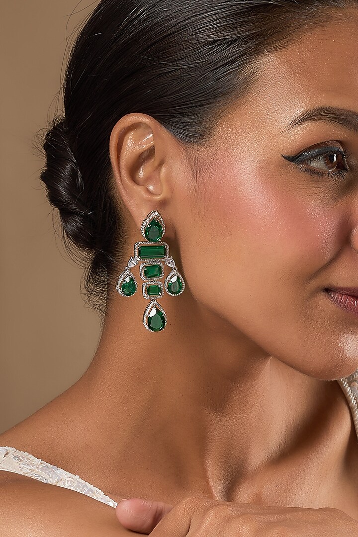 White Finish Zircon & Green Stone Dangler Earrings by Aster at Pernia's Pop Up Shop