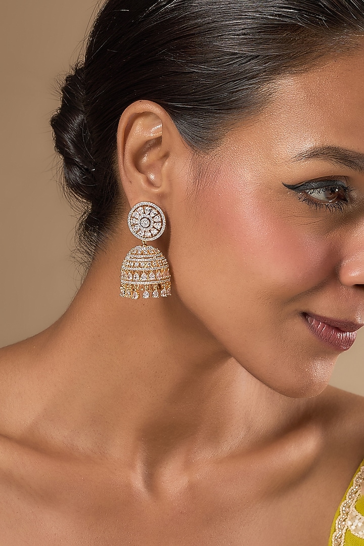 Gold Finish Zircon Jhumka Earrings by Aster at Pernia's Pop Up Shop
