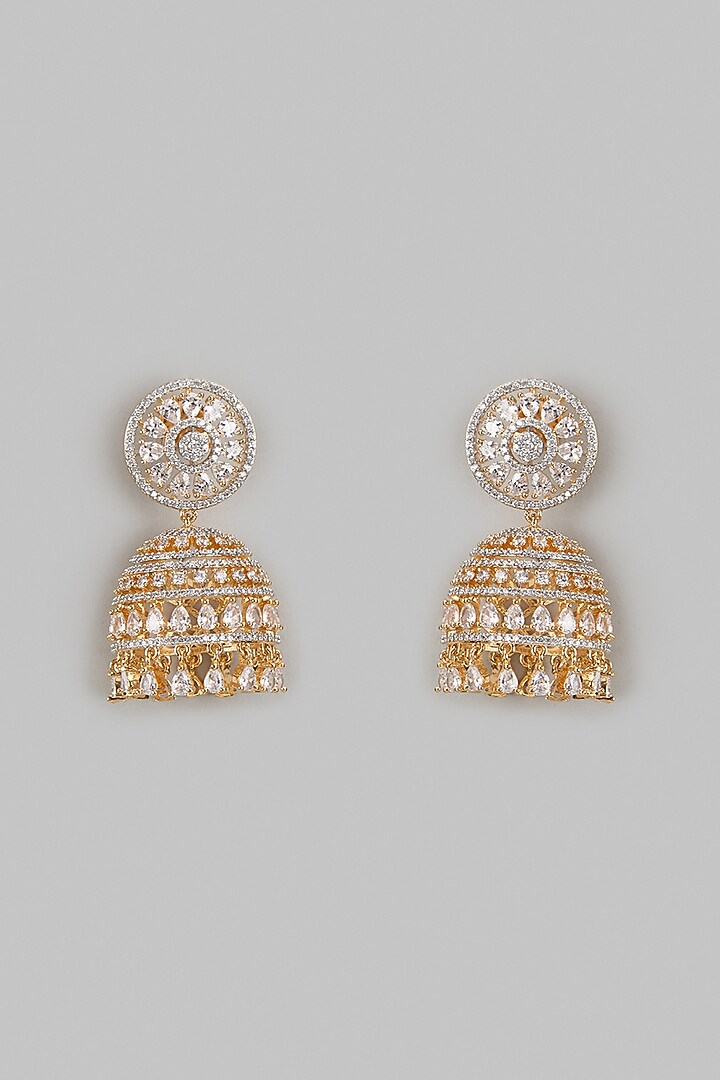Gold Finish Zircon Jhumka Earrings by Aster at Pernia's Pop Up Shop