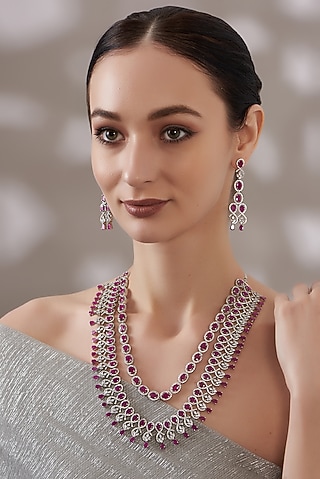 White Finish Zircon & Red Stone Dangler Earrings by Aster