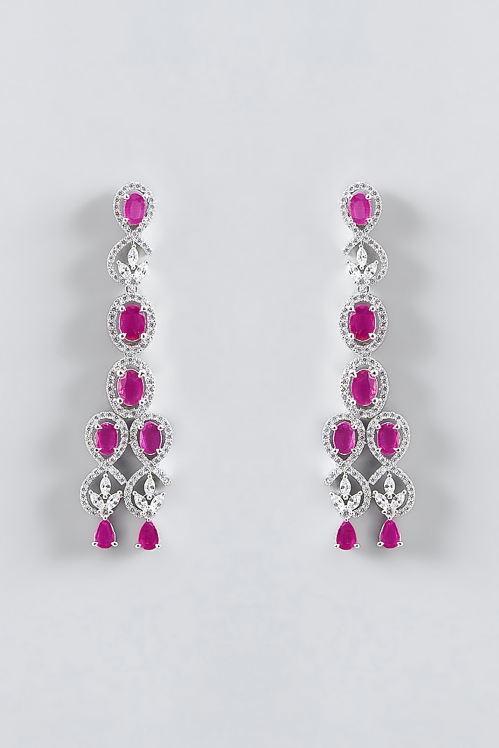 White Finish Zircon & Red Stone Dangler Earrings by Aster at Pernia's Pop Up Shop