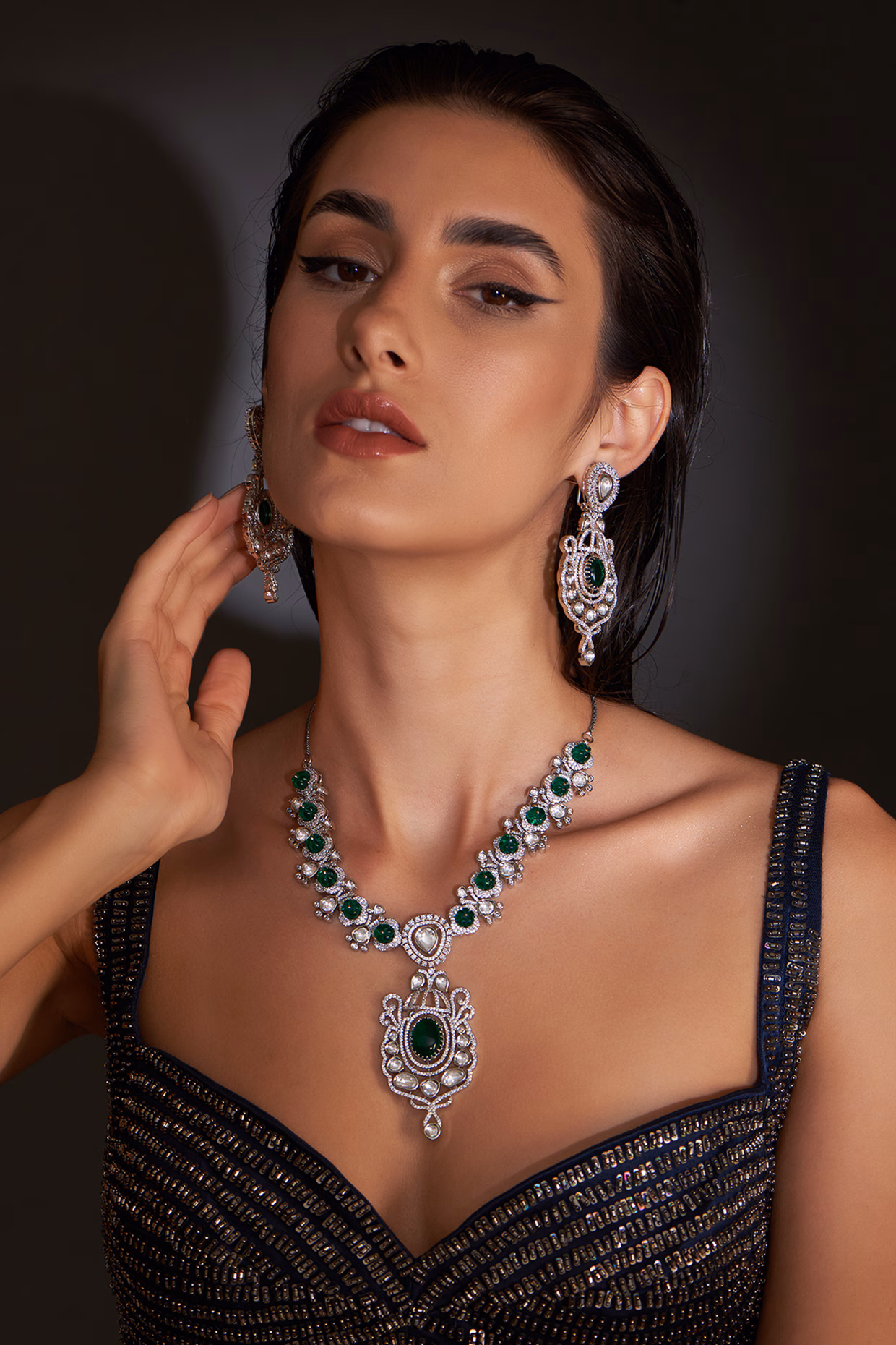 White Finish Zircon & Green Stone Long Necklace by Aster