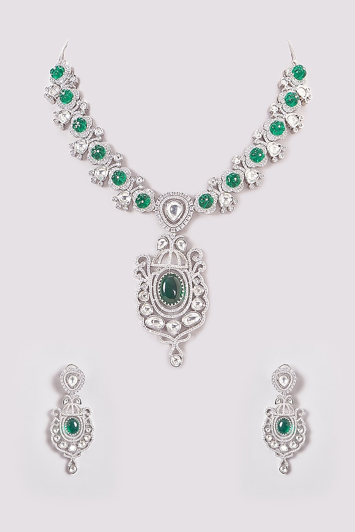 White Finish Zircon & Green Stone Long Necklace by Aster at Pernia's Pop Up Shop
