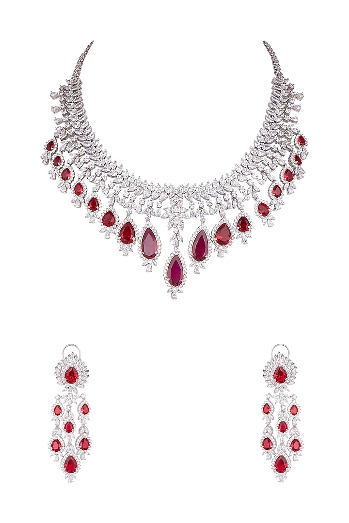 White Finish Zircon & Red Stone Dangler Earrings by Aster at Pernia's Pop Up Shop