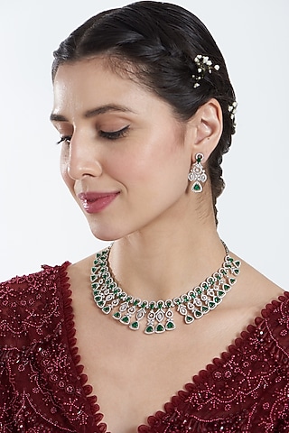 White Finish Zircon & Green Stone Necklace by Aster