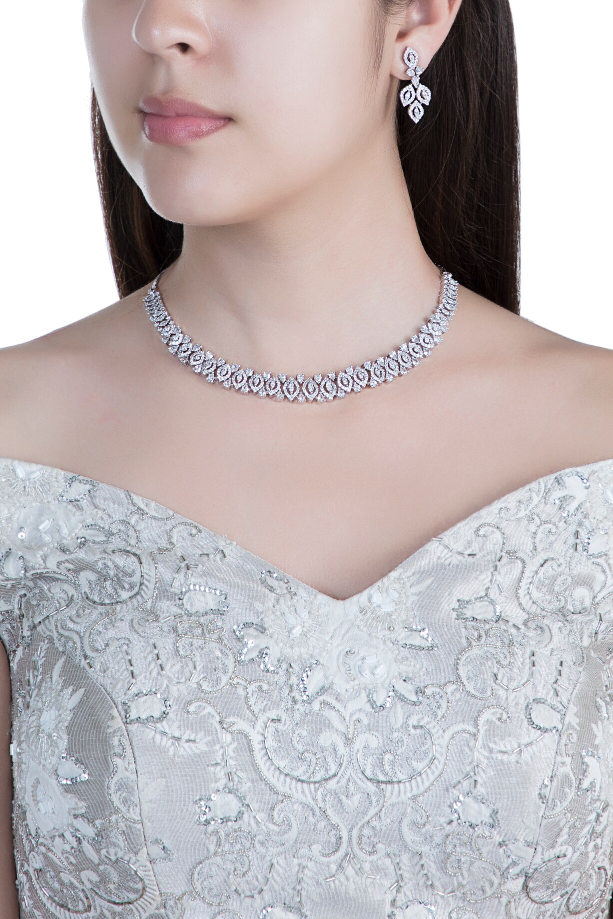 White Color Silver Plated Faux Diamond Necklace Set - CZSET413