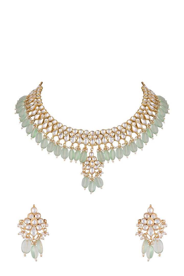 Gold Finish Faux Pearls, Kundan & Mint Green Drop Necklace Set by Aster at Pernia's Pop Up Shop