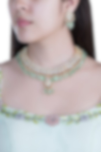 Gold Finish Faux Pearls, Kundan & Mint Green Drop Necklace Set by Aster