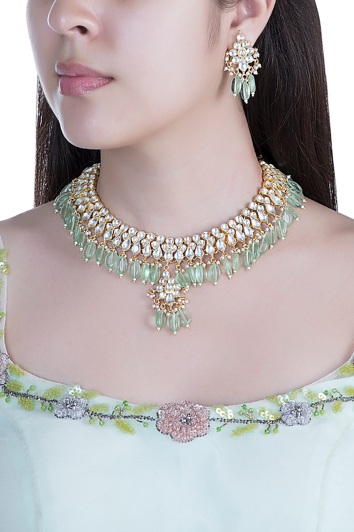 Gold Finish Faux Pearls, Kundan & Mint Green Drop Necklace Set by Aster