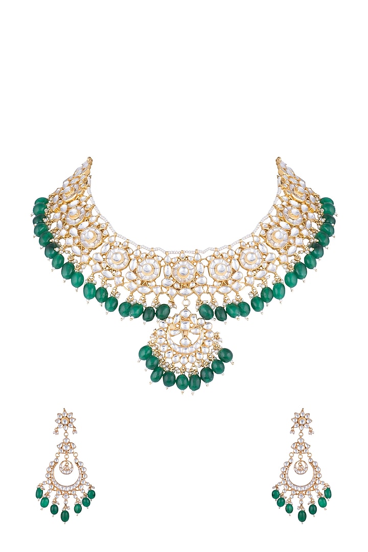 Gold Finish Kundan & Green Bead Necklace Set by Aster at Pernia's Pop Up Shop