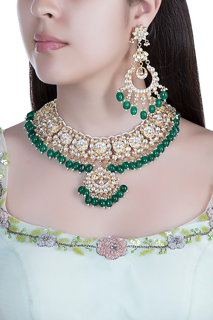 Gold Finish Kundan & Green Bead Necklace Set by Aster