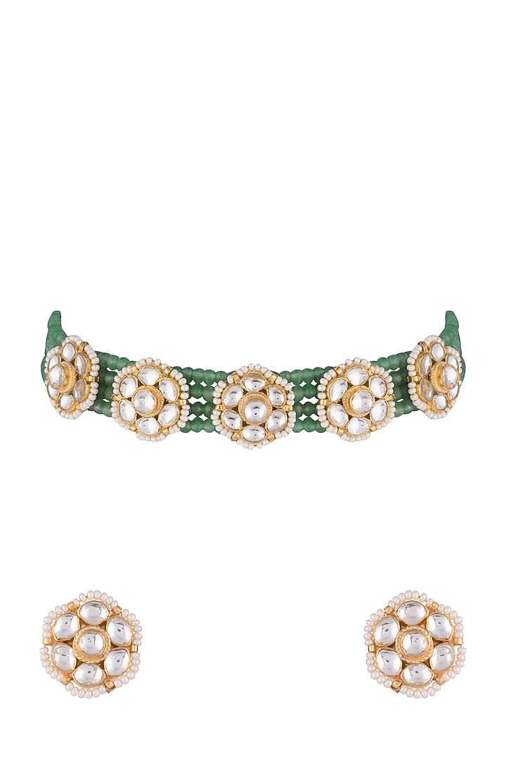 Gold Finish Faux Pearls, Kundan & Green Bead Choker Necklace Set by Aster at Pernia's Pop Up Shop