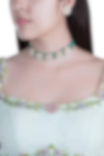 Gold Finish Faux Pearls, Kundan & Green Bead Choker Necklace Set by Aster at Pernia's Pop Up Shop