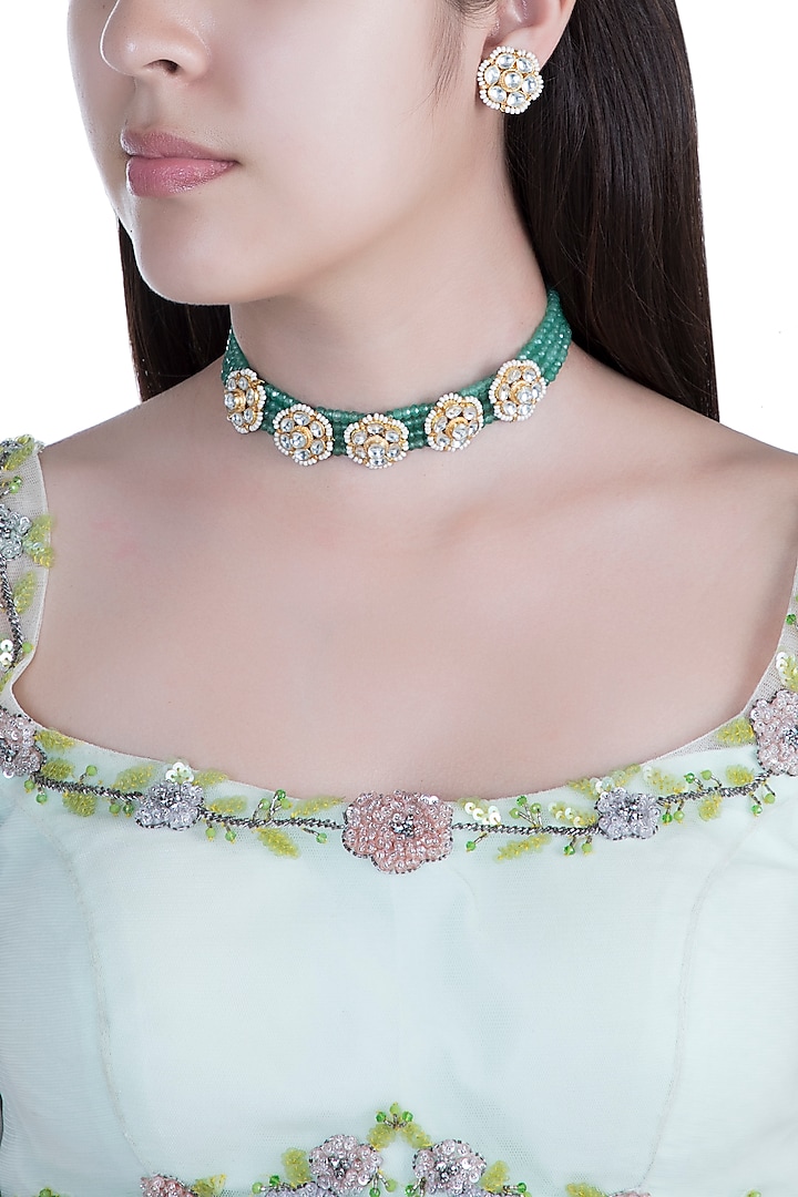 Gold Finish Faux Pearls, Kundan & Green Bead Choker Necklace Set by Aster