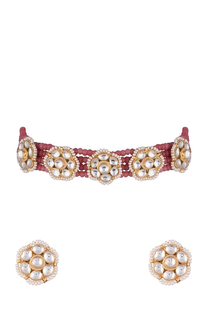 Gold Finish Faux Pearls, Kundan & Red Bead Choker Necklace Set by Aster at Pernia's Pop Up Shop
