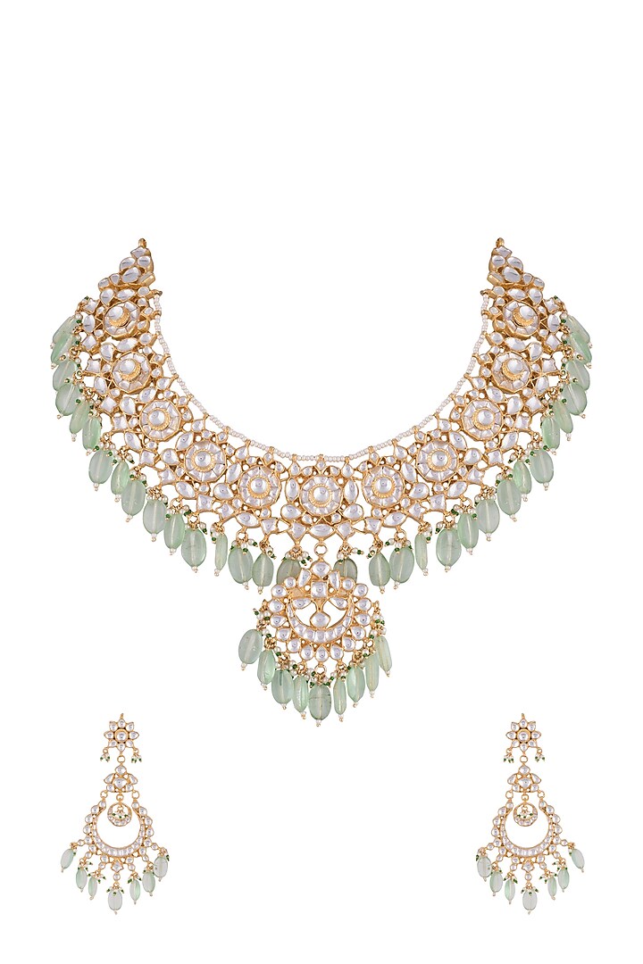 Gold Finish Faux Pearls Kundan And Green Bead Choker Necklace Set Design