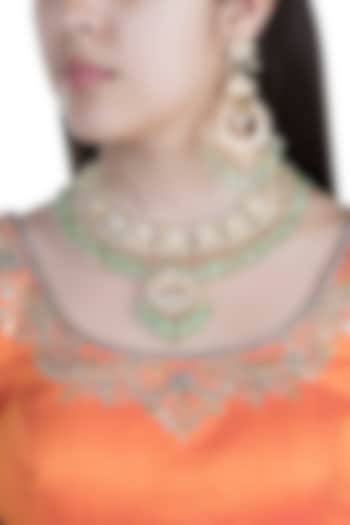 Gold Finish Faux Pearls, Kundan & Green Bead Choker Necklace Set by Aster at Pernia's Pop Up Shop