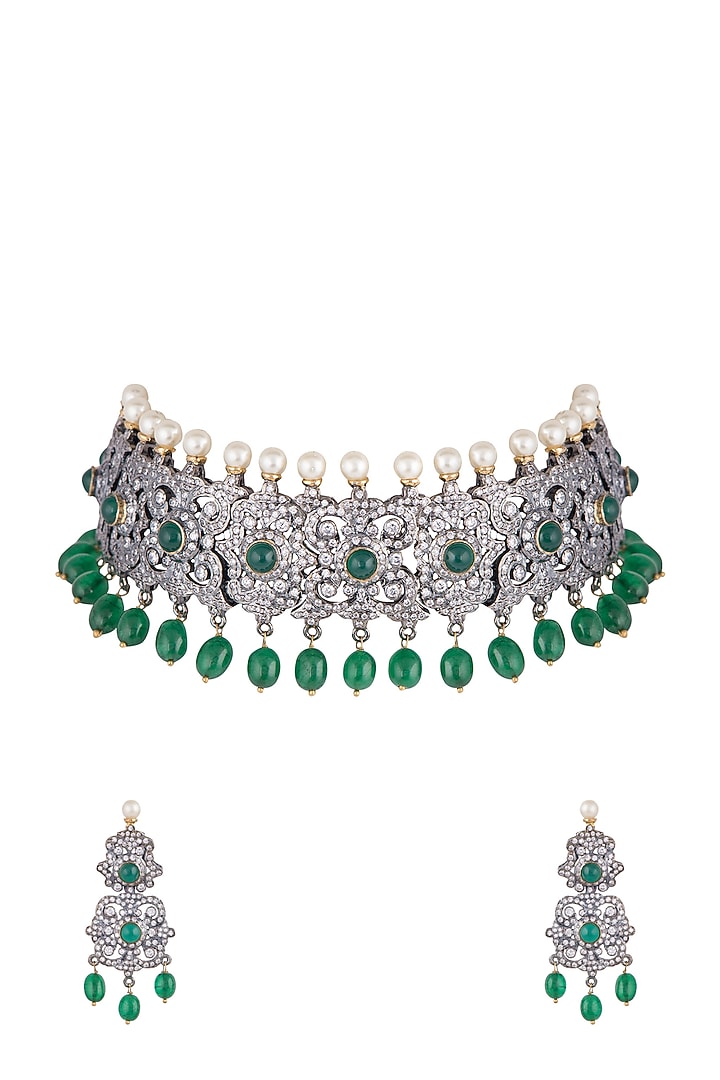 Black Rhodium Faux Diamond, Pearl & Green Stone Necklace Set by Aster at Pernia's Pop Up Shop