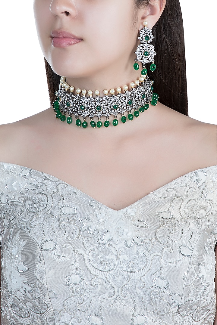 Black Rhodium Faux Diamond, Pearl & Green Stone Necklace Set by Aster